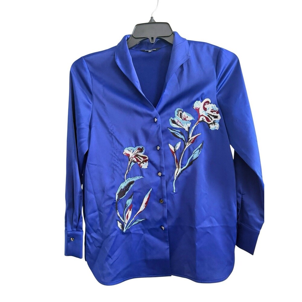 Misook Women’s Sz S Split Collar Metallic Floral Embroidered Blouse